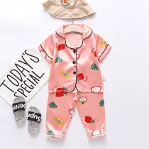 Toddler Kids Girl Prints Strawberry Leaves Short Pajamas Rayon Silk Sleepwear Sets