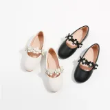 Toddler Girls PU Leather Pearl Flower Flat Dress Shoes
