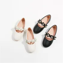 Toddler Girls PU Leather Pearl Flower Flat Dress Shoes