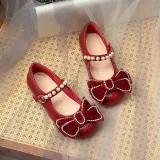 Toddler Girl Pearl Crystal Diamond Bowknot PU Leather Flat Dress Shoes