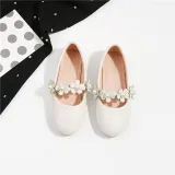 Toddler Girls PU Leather Pearl Flower Flat Dress Shoes