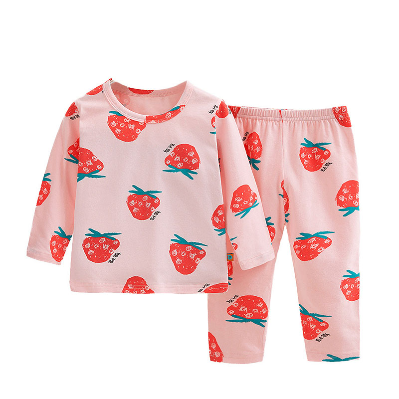Toddler Kids Girl Prints Strawberry Long Sleeves Pajamas Cotton Sleepwear Set