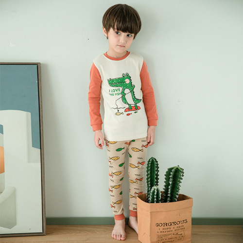 Kids Boy Print Fishing Dinosaur Pajamas Sleepwear Set Long-sleeve Cotton Pjs