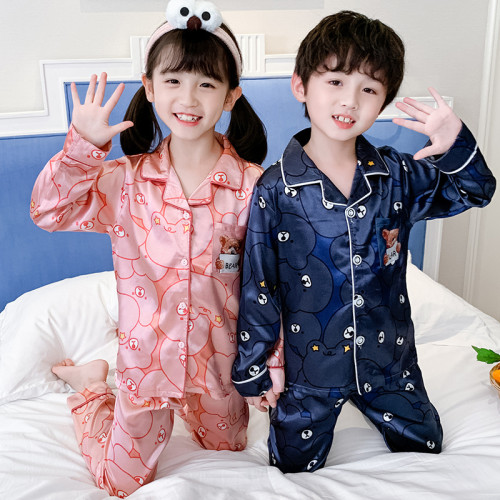 Toddler Kids Boy Prints Cute Bear Long Sleeves Pajamas Rayon Silk Sleepwear Sets