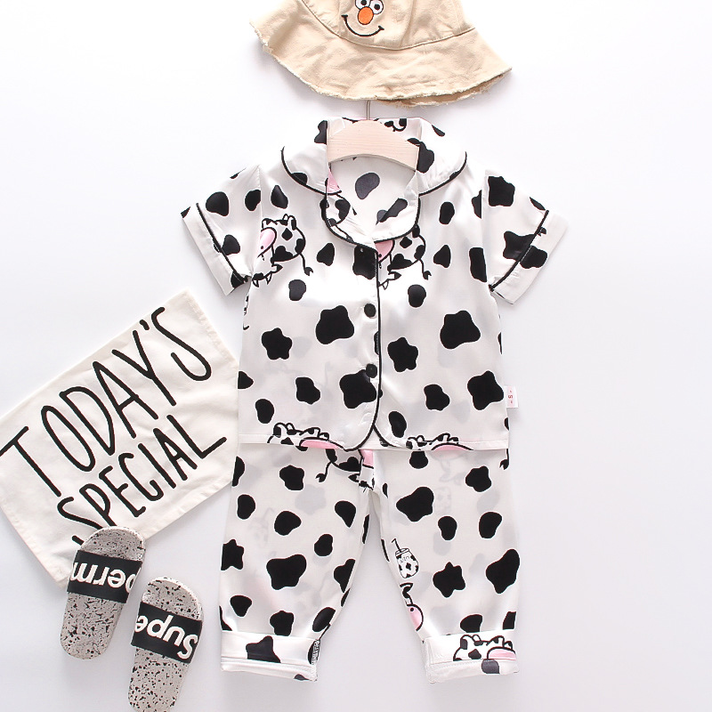 Toddler Kids Boy Prints Cow Short Sleeves Pajamas Rayon Silk Sleepwear Set
