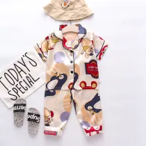 Toddler Kids Boy Mouse Penguin Short Sleeves Pajamas Rayon Silk Sleepwear Set