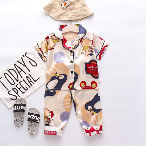 Toddler Kids Boy Mouse Penguin Short Sleeves Pajamas Rayon Silk Sleepwear Set