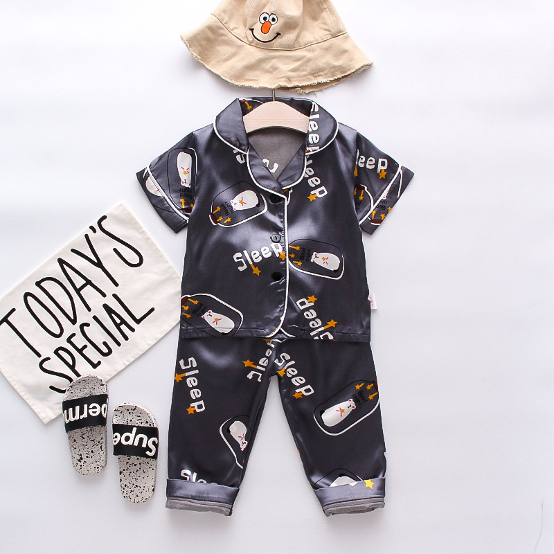 Toddler Kids Boy Stars Bear Short Sleeves Pajamas Rayon Silk Sleepwear Set