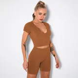 Women Ribbed Short Sleeve High Waist Running Shorts Gym Workout Yoga Sets