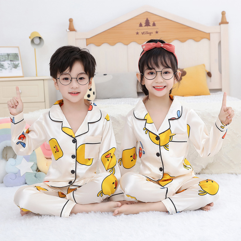 Toddler Kids Girl Yellow Duck Long Sleeves Pajamas Rayon Silk Sleepwear Set