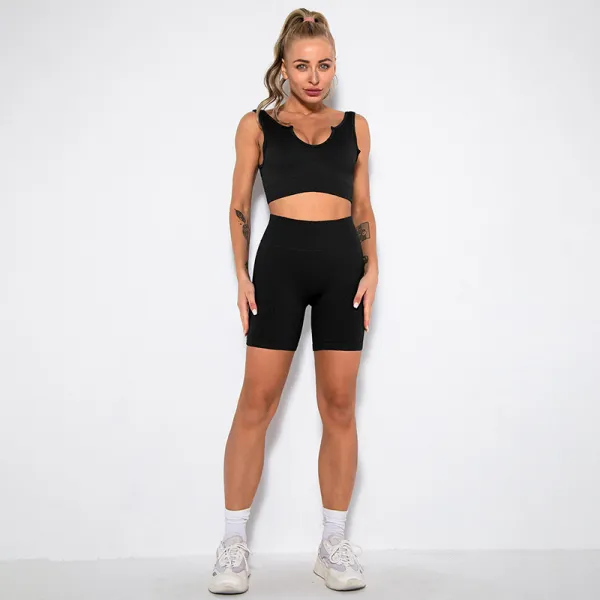 Women Ribbed V Neck Bra High Waist Running Shorts Gym Workout Yoga Sets