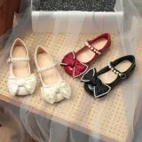 Toddler Girl Pearl Crystal Diamond Bowknot PU Leather Flat Dress Shoes