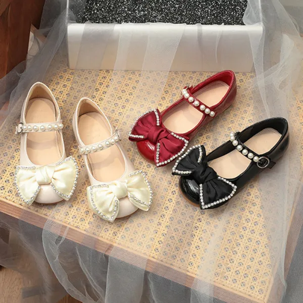 Toddler Girl Pearl Crystal Diamond Bowknot PU Leather Flat Dress Shoes