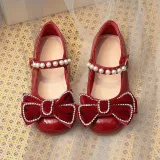 Toddler Girl Pearl Crystal Diamond Bowknot PU Leather Flat Dress Shoes
