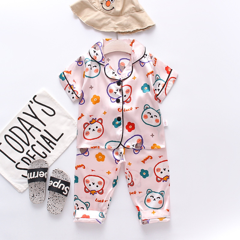 Toddler Kids Girl Prints Crown Bear Flower Short Pajamas Rayon Silk Sleepwear Sets