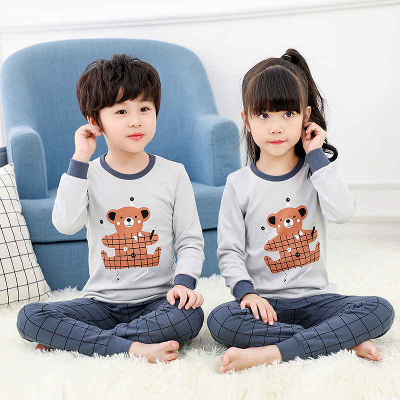 Toddler Kids Girl Lattice Bear Pajamas Sleepwear Set Long-sleeve Cotton Pjs