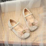 Toddler Girl Pearl Crystal Diamond Lace Bowknot PU Leather Flat Dress Shoes