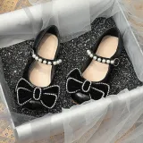 Toddler Girl Pearl Crystal Diamond Bowknot PU Leather Flat Dress Shoes