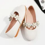Toddler Girls PU Leather Pearl Flower Flat Dress Shoes