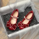 Toddler Girl Pearl Crystal Diamond Bowknot PU Leather Flat Dress Shoes