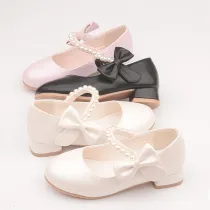 Kid Girls Pure Color Pearl Bowknot Heels Pumps Dress Shoes