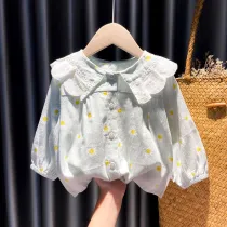 Girls Cute Chrysanthemum Pattern Lace Collar Blouse Cartoon T-shirt Tops