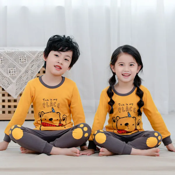 Kids Boy Print Scarf Bear Pajamas Sleepwear Set Long-sleeve Cotton Pjs
