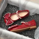 Toddler Girl Pearl Crystal Diamond Bowknot PU Leather Flat Dress Shoes