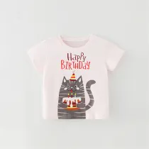 Girls Cute Cat Birthday Pattern T-shirt Cartoon T-shirt Tops
