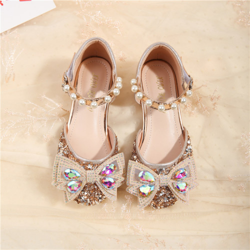 Kid Girls Sequins Bowknot Pearl High-heeled Pump Princess Dress Shoes