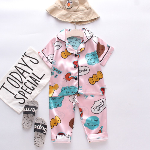 Toddler Kids Girl Prints Smiling Face Summer Short Pajamas Rayon Silk Sleepwear Sets
