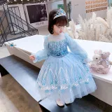 Toddler Girls Sequins Princess Long Sleeve Blue Mesh Dress