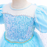 Toddler Girls Sequins Princess Short Sleeve Blue Mesh Dress