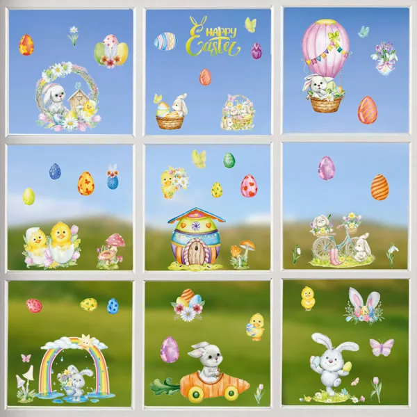 9PCS Easter Window Stickers Bunny Egg Gnomes Chicken Decals Static Clings