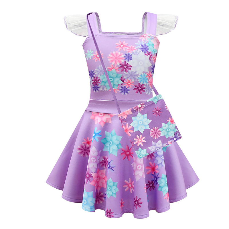 Toddler Girls Purple Flowers Cosplay Dress With Bag