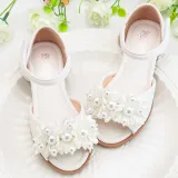Kid Girl Pearl Flowers Open-Toed Soft Bottom Velcro Sandals Shoes
