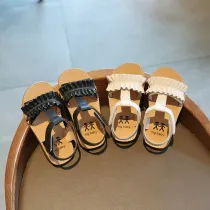 Kid Girl Pure Color Ruffles Open-Toed Soft Bottom Velcro Sandals Shoes