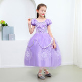 Toddler Girls Purple Princess Pearls Flowers Short Sleeve Mesh Dress