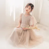Toddler Girls Silver Stars Moons Mesh V-neck Short Sleeve Tutu Dress