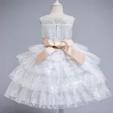 Toddler Girls Bow Tie Flower Lace Mesh Multi-Layers Gowns Dress