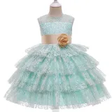 Toddler Girls Bow Tie Flower Lace Mesh Multi-Layers Gowns Dress