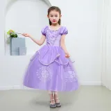 Toddler Girls Purple Princess Pearls Flowers Short Sleeve Mesh Dress