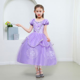 Toddler Girls Purple Princess Pearls Flowers Short Sleeve Mesh Dress