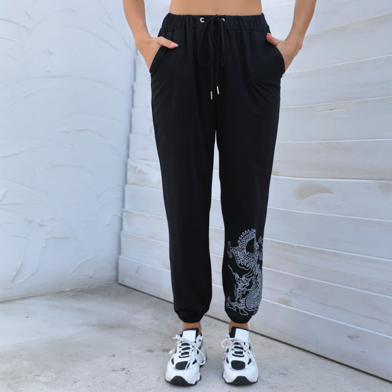 Women's Casual Fashion Black Printed Drawstring Calf Pants