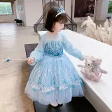 Toddler Girls Sequins Princess Long Sleeve Blue Mesh Dress