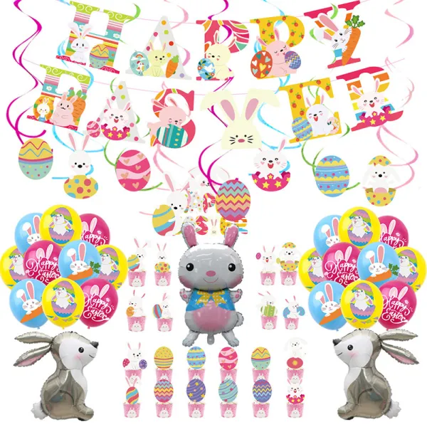 Happy Easter Banner Cake Fork Rabbit Hanging Swirl Foil Ceiling Decoration Balloon Set