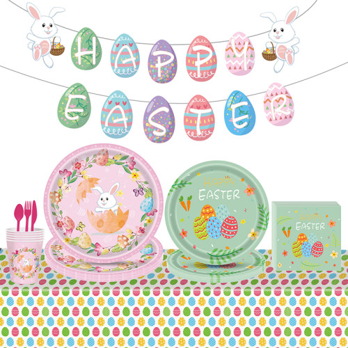 16 Guest Easter Tableware Set Including Disposable Paper Plates Napkins Cups Tablecloth Cutlery