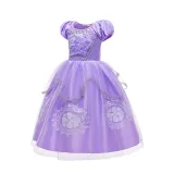 Toddler Girls Purple Princess Pearls Flowers Short Sleeve Mesh Dress