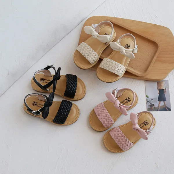 Kid Girl Bowknot Open-Toed Weave Soft Bottom Velcro Sandals Shoes