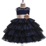 Toddler Girls Bow Tie Flower Lace Mesh Multi-Layers Gowns Dress